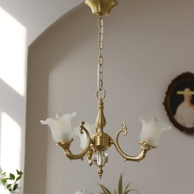 Traditional French Branch Curved Rod Floral All Brass Glass 3/5 Light Chandelier For Living Room