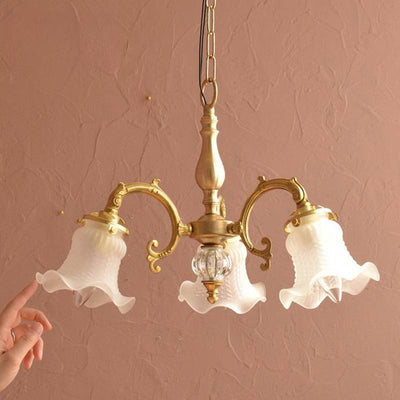 Traditional French Branch Curved Rod Floral All Brass Glass 3/5 Light Chandelier For Living Room