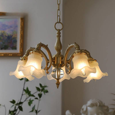 Traditional French Branch Curved Rod Floral All Brass Glass 3/5 Light Chandelier For Living Room