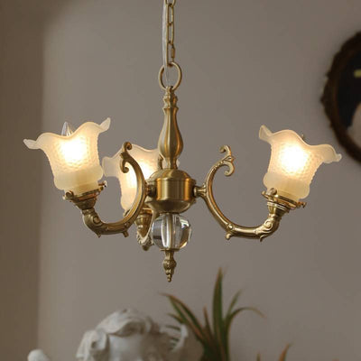 Traditional French Branch Curved Rod Floral All Brass Glass 3/5 Light Chandelier For Living Room