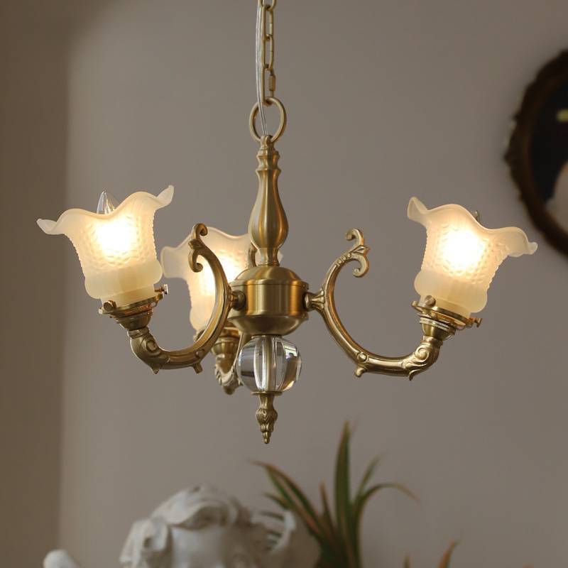 Traditional French Branch Curved Rod Floral All Brass Glass 3/5 Light Chandelier For Living Room