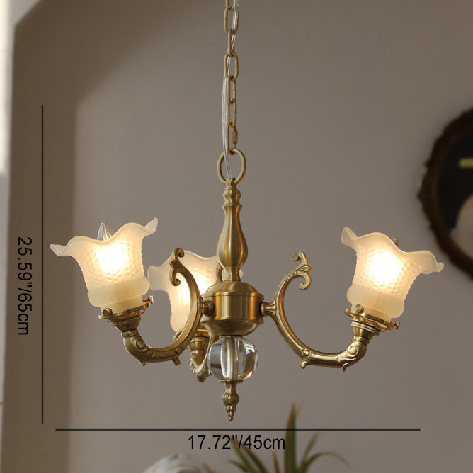 Traditional French Branch Curved Rod Floral All Brass Glass 3/5 Light Chandelier For Living Room