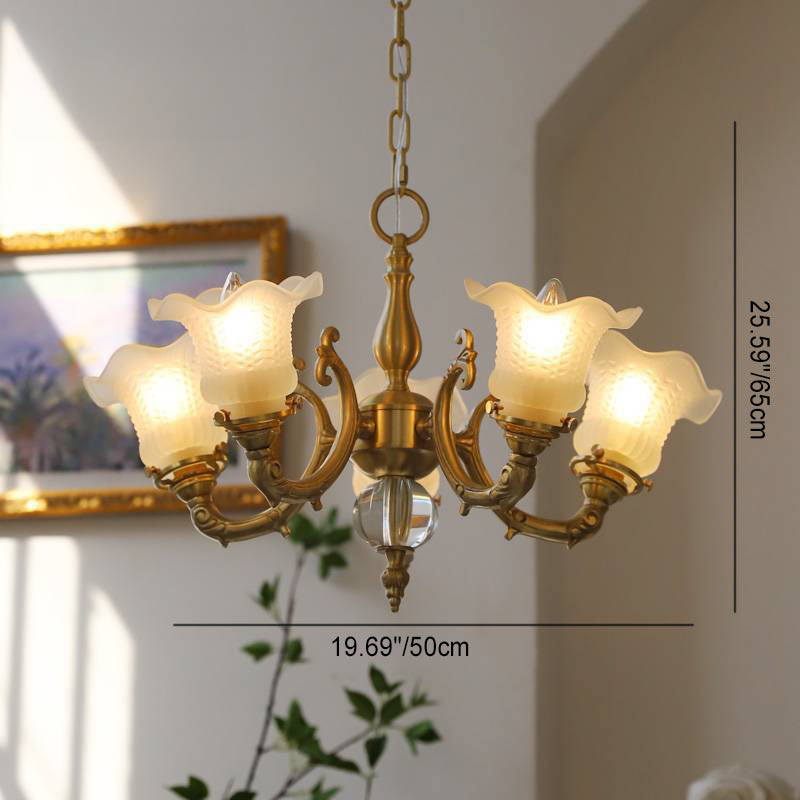 Traditional French Branch Curved Rod Floral All Brass Glass 3/5 Light Chandelier For Living Room