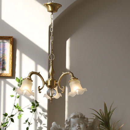 Traditional French Branch Curved Rod Floral All Brass Glass 3/5 Light Chandelier For Living Room