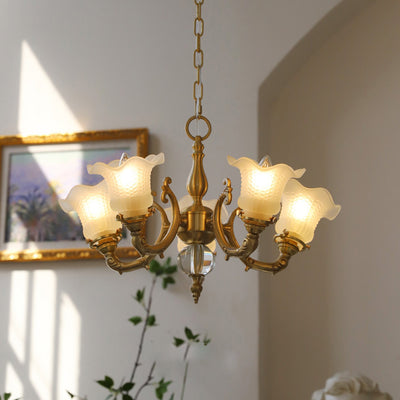 Traditional French Branch Curved Rod Floral All Brass Glass 3/5 Light Chandelier For Living Room