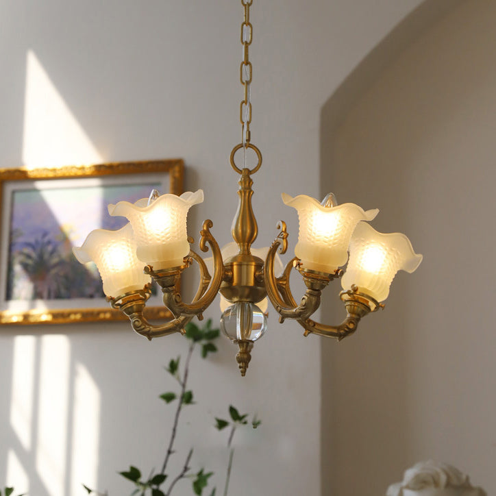 Traditional French Branch Curved Rod Floral All Brass Glass 3/5 Light Chandelier For Living Room