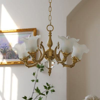 Traditional French Branch Curved Rod Floral All Brass Glass 3/5 Light Chandelier For Living Room