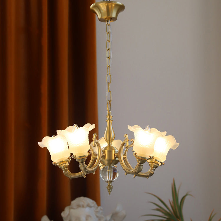 Traditional French Branch Curved Rod Floral All Brass Glass 3/5 Light Chandelier For Living Room