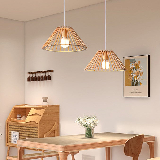 Traditional Japanese Round Trapezoidal Hollowed Out Wood 1-Light Pendant Light For Living Room