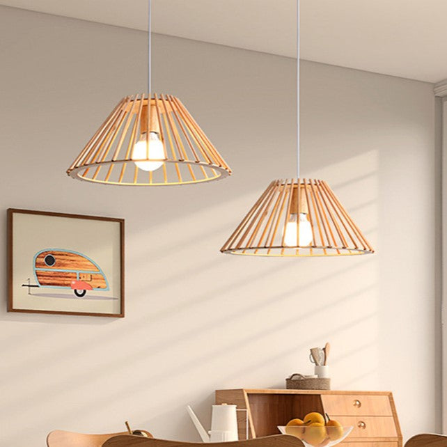 Traditional Japanese Round Trapezoidal Hollowed Out Wood 1-Light Pendant Light For Living Room