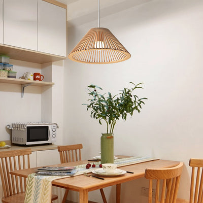 Traditional Japanese Round Trapezoidal Hollowed Out Wood 1-Light Pendant Light For Living Room