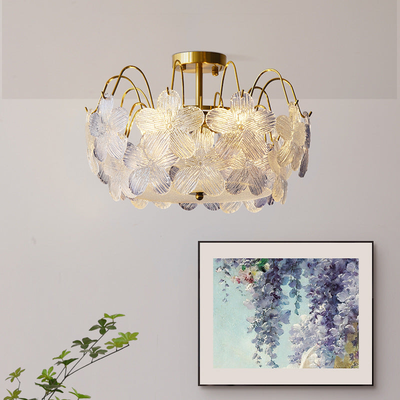 Zeitgenössische kreative Blume Runde Eisen Glas 5/6 Licht Semi-Flush Mount Deckenleuchte für Wohnzimmer 