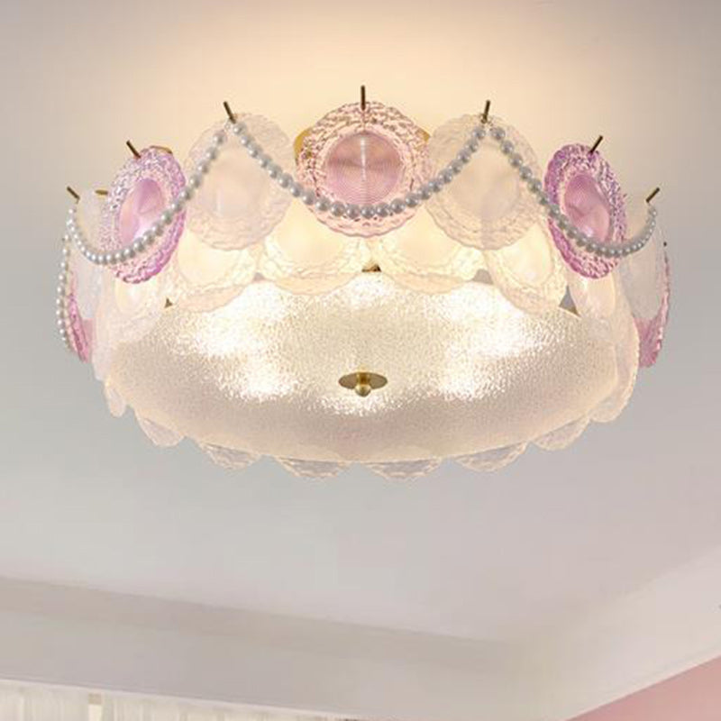 Contemporary Creative Kids Round Piece Pearl Hardware Glass 5/8 Light Semi-Flush Mount Ceiling Light For Bedroom