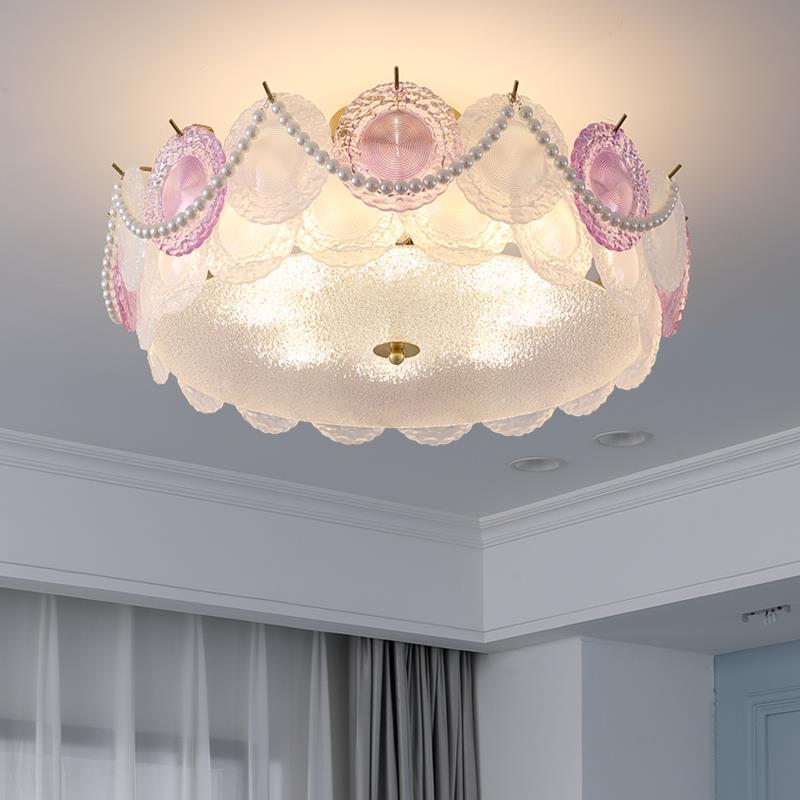 Contemporary Creative Kids Round Piece Pearl Hardware Glass 5/8 Light Semi-Flush Mount Ceiling Light For Bedroom