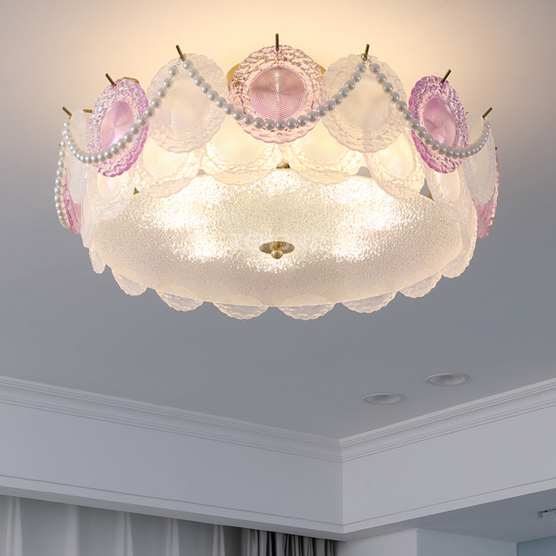 Contemporary Creative Kids Round Piece Pearl Hardware Glass 5/8 Light Semi-Flush Mount Ceiling Light For Bedroom