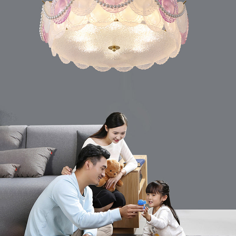 Contemporary Creative Kids Round Piece Pearl Hardware Glass 5/8 Light Semi-Flush Mount Ceiling Light For Bedroom