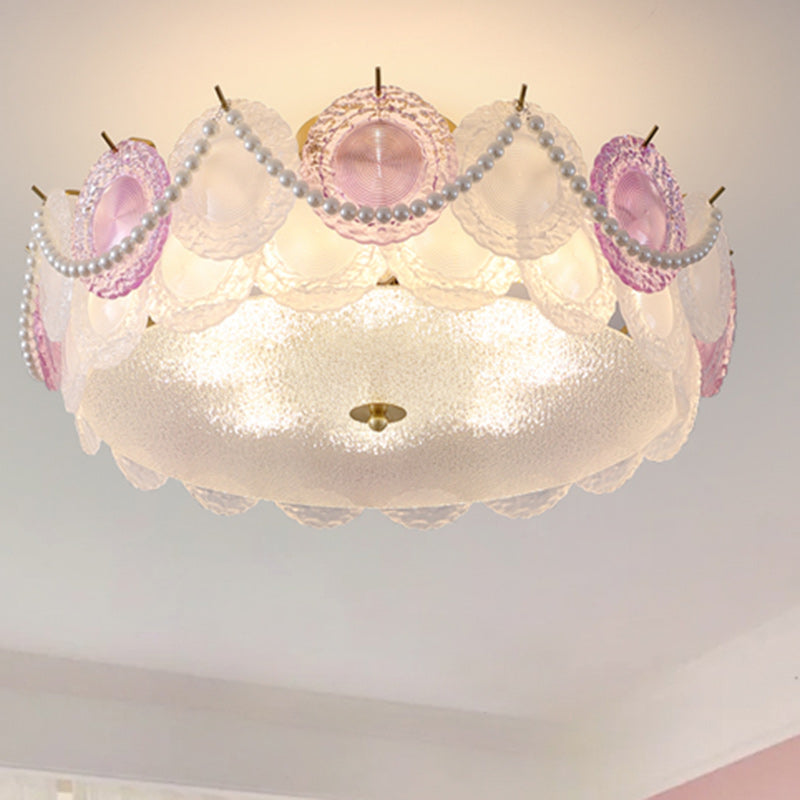 Contemporary Creative Kids Round Piece Pearl Hardware Glass 5/8 Light Semi-Flush Mount Ceiling Light For Bedroom