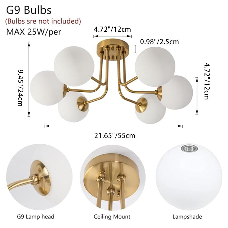 Moderne minimalistische Aststange, runde Kugel, Eisenglas, 3/6 Lichter, halbbündige Deckenleuchte für Wohnzimmer 