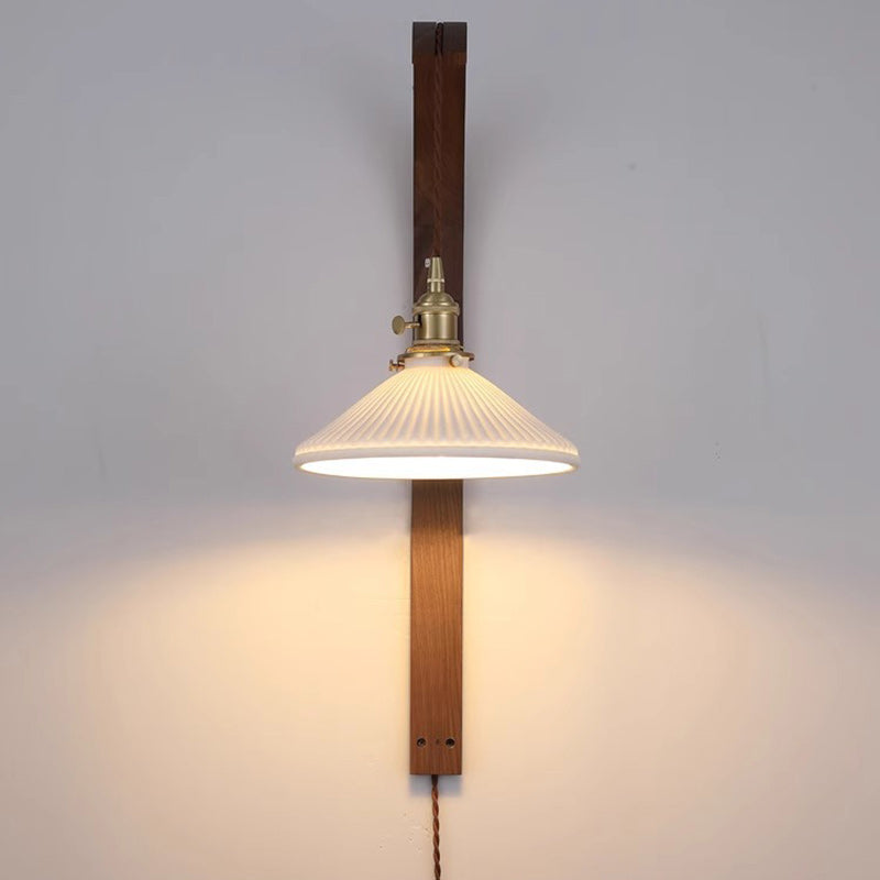 Traditional Japanese Long Round Tapered Ceramic Shade Wood 1-Light Wall Sconce Lamp For Living Room