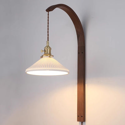 Traditional Japanese Long Round Tapered Ceramic Shade Wood 1-Light Wall Sconce Lamp For Living Room