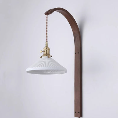 Traditional Japanese Long Round Tapered Ceramic Shade Wood 1-Light Wall Sconce Lamp For Living Room