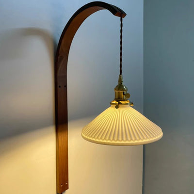 Traditional Japanese Long Round Tapered Ceramic Shade Wood 1-Light Wall Sconce Lamp For Living Room