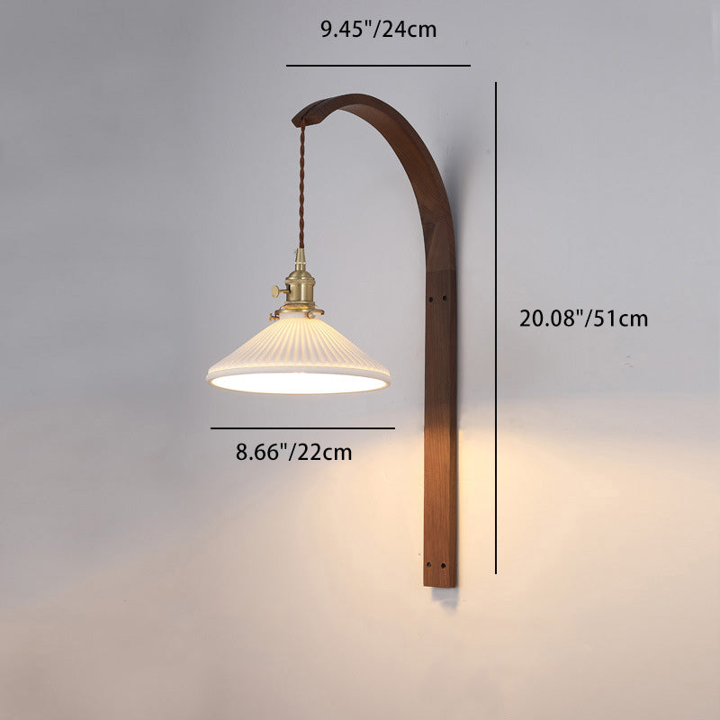 Traditional Japanese Long Round Tapered Ceramic Shade Wood 1-Light Wall Sconce Lamp For Living Room