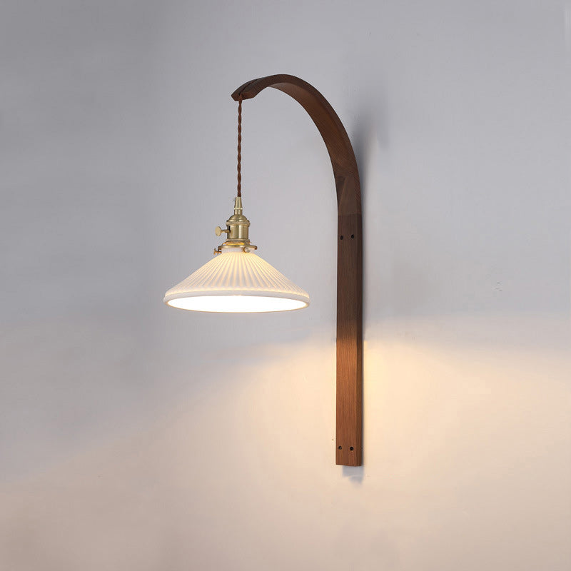 Traditional Japanese Long Round Tapered Ceramic Shade Wood 1-Light Wall Sconce Lamp For Living Room