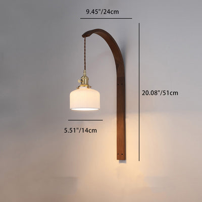 Traditional Japanese Long Round Tapered Ceramic Shade Wood 1-Light Wall Sconce Lamp For Living Room