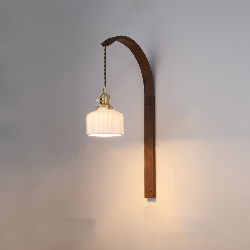 Traditional Japanese Long Round Tapered Ceramic Shade Wood 1-Light Wall Sconce Lamp For Living Room