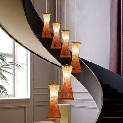 Traditional Chinese Cylindrical Hollowed Out Bamboo Weaving Shade 1-Light Pendant Light For Living Room