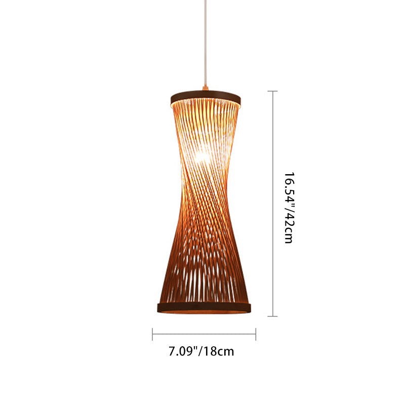 Traditional Chinese Cylindrical Hollowed Out Bamboo Weaving Shade 1-Light Pendant Light For Living Room