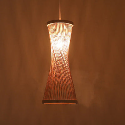 Traditional Chinese Cylindrical Hollowed Out Bamboo Weaving Shade 1-Light Pendant Light For Living Room