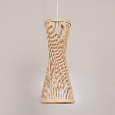 Traditional Chinese Cylindrical Hollowed Out Bamboo Weaving Shade 1-Light Pendant Light For Living Room