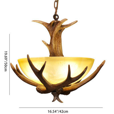 Traditional Rustic Round Bowl Antler Iron Resin Glass Shade 3-Light Pendant Light For Living Room