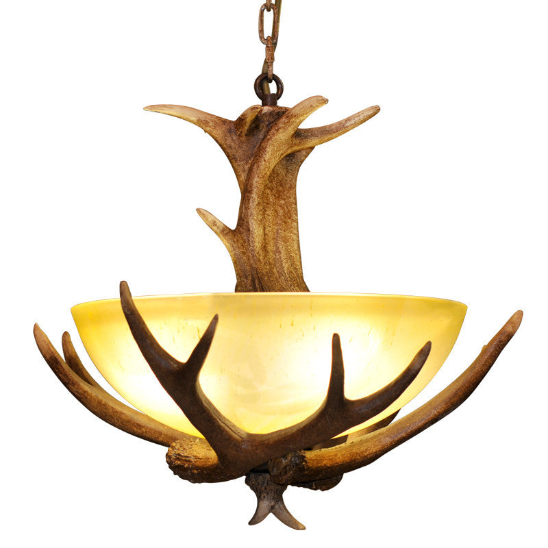 Traditional Rustic Round Bowl Antler Iron Resin Glass Shade 3-Light Pendant Light For Living Room