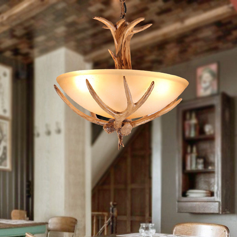 Traditional Rustic Round Bowl Antler Iron Resin Glass Shade 3-Light Pendant Light For Living Room