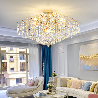 Modern Luxury Round Branch Crystal String Iron 6/10/12/14 Light Chandelier For Living Room