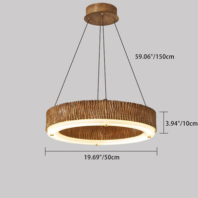 Contemporary Nordic Round Circle Woodgrain Fiberglass Acrylic Iron LED Chandelier For Living Room