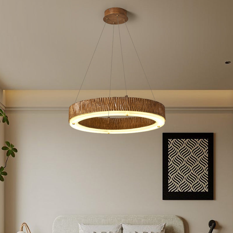 Contemporary Nordic Round Circle Woodgrain Fiberglass Acrylic Iron LED Chandelier For Living Room