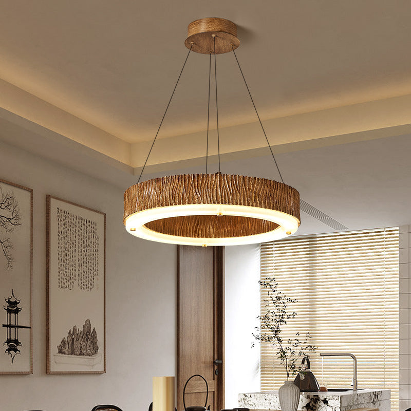 Contemporary Nordic Round Circle Woodgrain Fiberglass Acrylic Iron LED Chandelier For Living Room