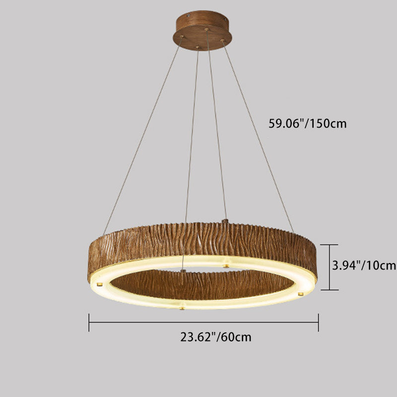 Contemporary Nordic Round Circle Woodgrain Fiberglass Acrylic Iron LED Chandelier For Living Room