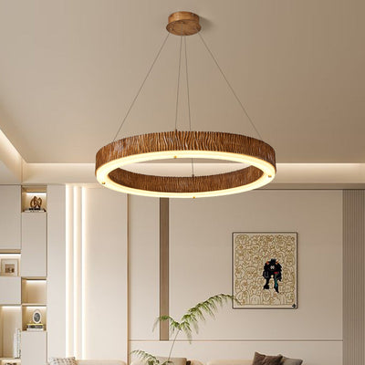 Contemporary Nordic Round Circle Woodgrain Fiberglass Acrylic Iron LED Chandelier For Living Room