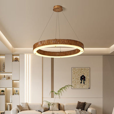 Contemporary Nordic Round Circle Woodgrain Fiberglass Acrylic Iron LED Chandelier For Living Room