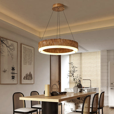 Contemporary Nordic Round Circle Woodgrain Fiberglass Acrylic Iron LED Chandelier For Living Room