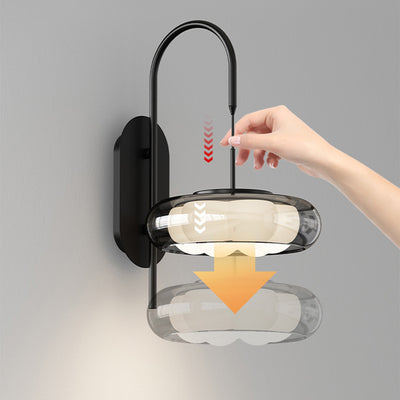 Moderne minimalistische gebogene Stange Runde Eisen Glas Schatten Kunststoff LED Wandleuchte Lampe für Wohnzimmer 