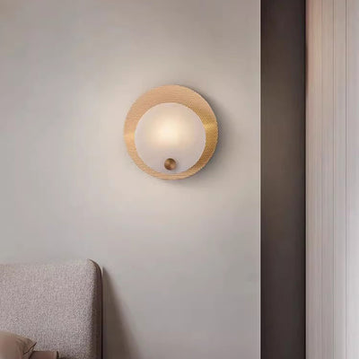 Contemporary Nordic Round Oval Full Copper Marble Shade 1-Light Wall Sconce Lamp For Living Room