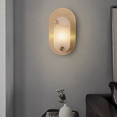 Contemporary Nordic Round Oval Full Copper Marble Shade 1-Light Wall Sconce Lamp For Living Room