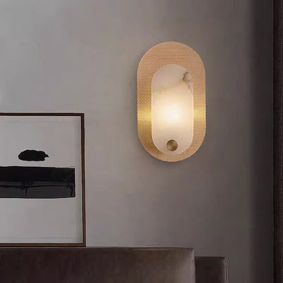 Contemporary Nordic Round Oval Full Copper Marble Shade 1-Light Wall Sconce Lamp For Living Room