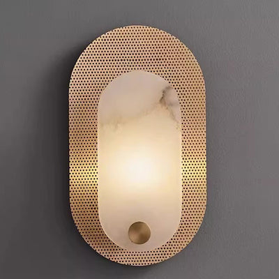 Contemporary Nordic Round Oval Full Copper Marble Shade 1-Light Wall Sconce Lamp For Living Room